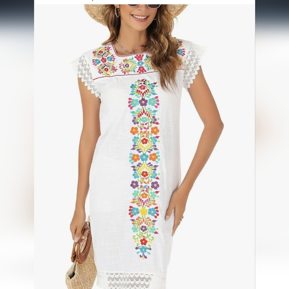 White Dress with Colorful Floral Embroidery - Picture 1 of 16